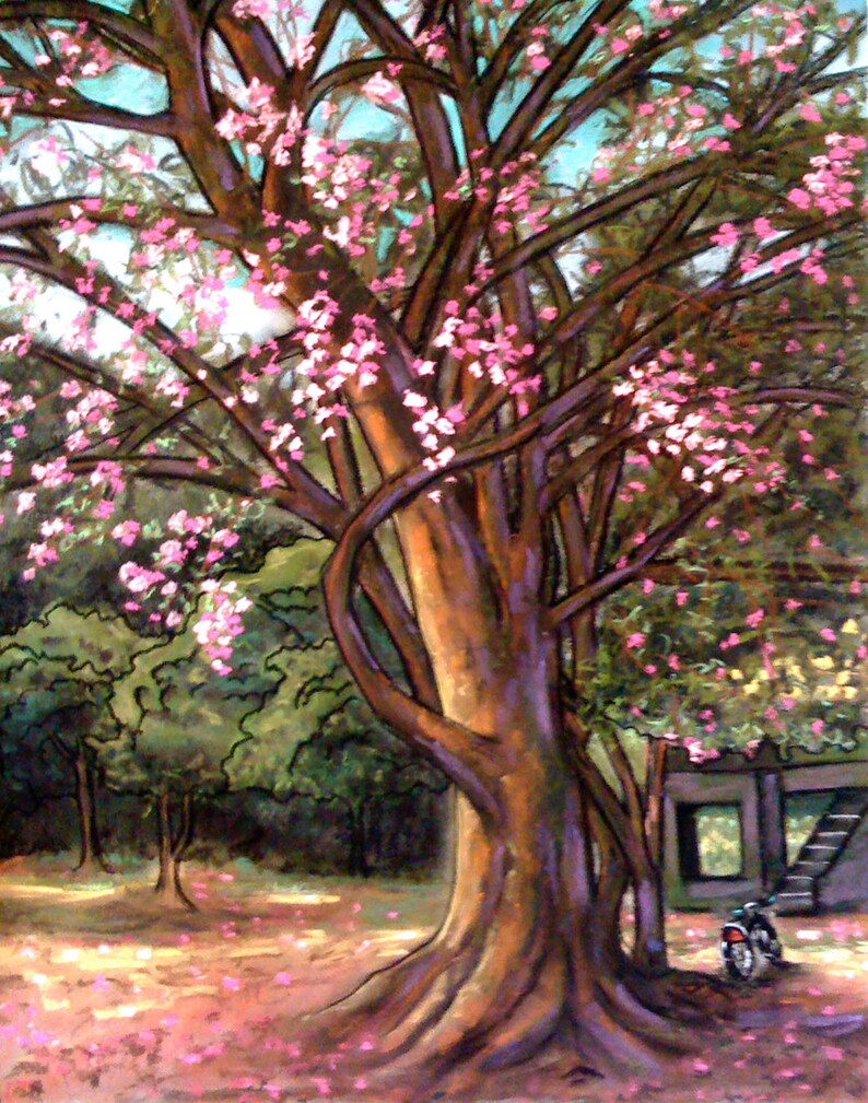 The Black Motor Bike This is a Framed Pastel Banyan Tree in Thailand with a motor bike under it which I thought was a great Painting. image 1