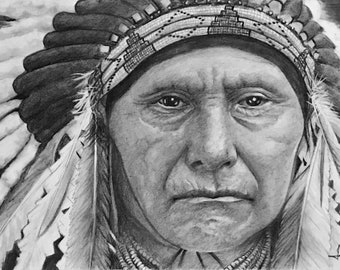 Native American Chief Joseph This is a Framed 15x26.5 Original Graphite Portrait (ORIGINAL SOLD). "I Will Fight No More Forever"