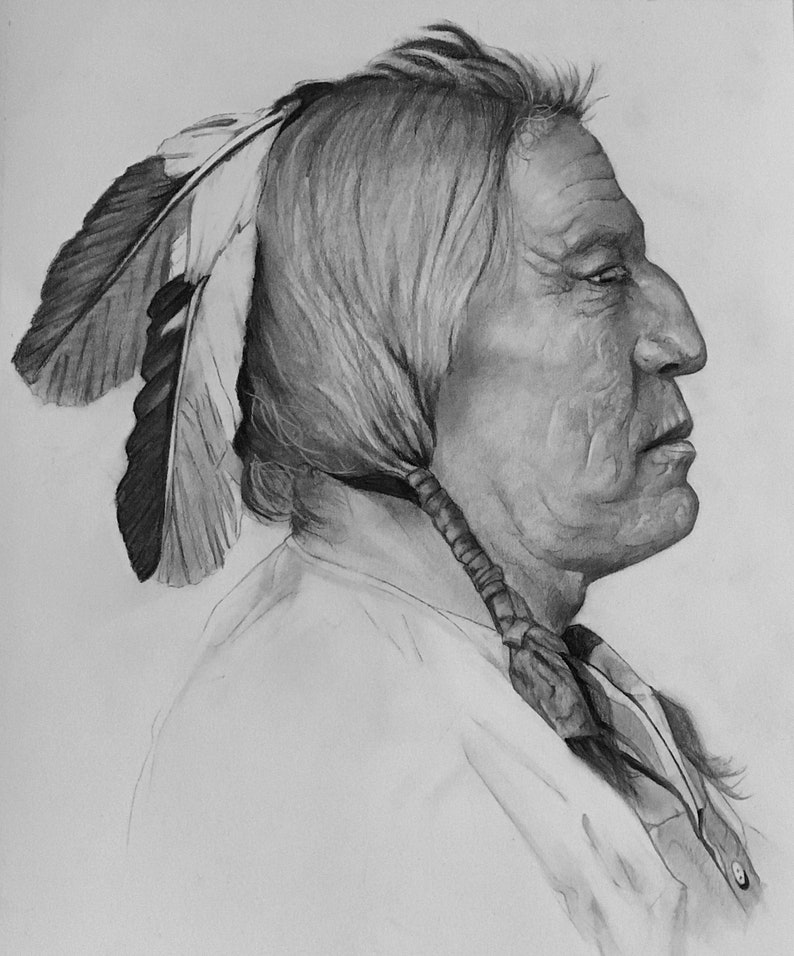 Native American Portrait of John Two Guns White Calf This is a 17x21 Framed Graphite of the Native American used for the Buffalo Nickle. image 1