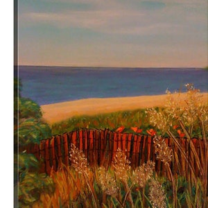 The Red Fence is un_framed 11x14 pastel painting of a beach on the north side of Long Island NY. image 2
