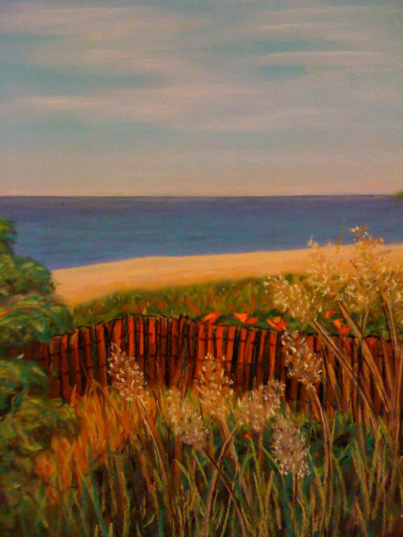 The Red Fence is un_framed 11x14 pastel painting of a beach on the north side of Long Island NY. image 1