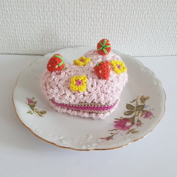 Cute Crochet Pink Heart Shaped Cake With Strawberries And Etsy
