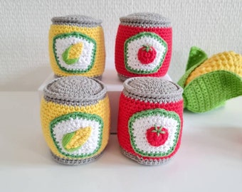 Crochet, play food, canned vegetables: Corn or tomato