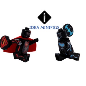 May include: Two custom Lego minifigures, one in red and black with a Superman logo and the other in blue and black with a blue and black symbol. Both minifigures have a futuristic design with glowing details.