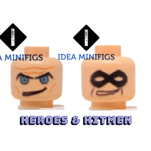 May include: Two Lego minifigure heads, one with a black eye mask and the other with blue eyes and a frown. The text "IDEA MINIFIGS" appears above each head. The text "HEROES & HITMEN" appears below the heads.