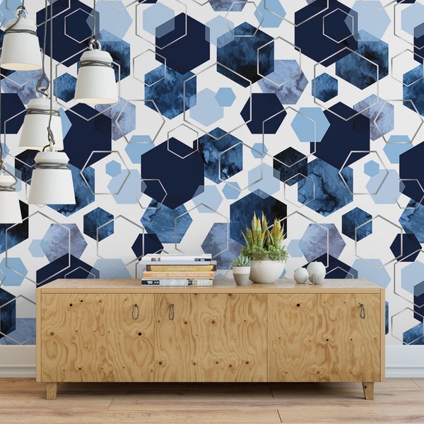 Blue Watercolor Hexagons Silver Lines  Removable Wallpaper, Wall Art, Peel and Stick Wallpaper, Room Decor, Accent, MW1682