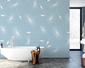 Light Blue White Dandelion Seeds Removable Wallpaper, Wall Art, Peel and Stick Wallpaper, Room Decor, Accent Wall, Modern, Bedroom, MW1689