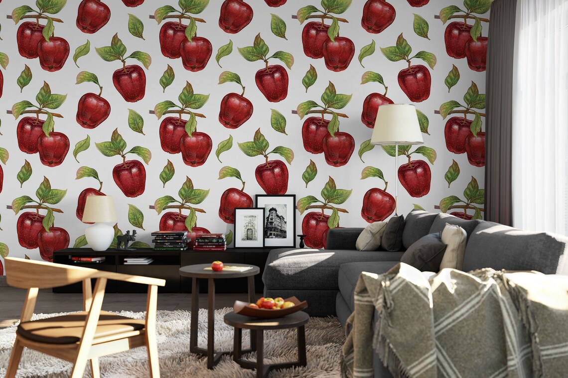 Wallpaper Peel and Stick Wallpaper Red Apples With Leaves Etsy
