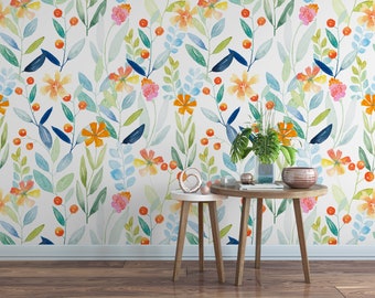Bright Botanical Removable Wallpaper, Wall Art, Peel & Stick Wallpaper, Mural, Room Decor, Accent Wall, Bedroom, Garden Wallpaper, MW1038