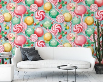 Water Color Lollipopland Removable Wallpaper, Wall Art, Peel and Stick Wallpaper,  Mural, Accent Wall Holiday Wallpaper, MW1937