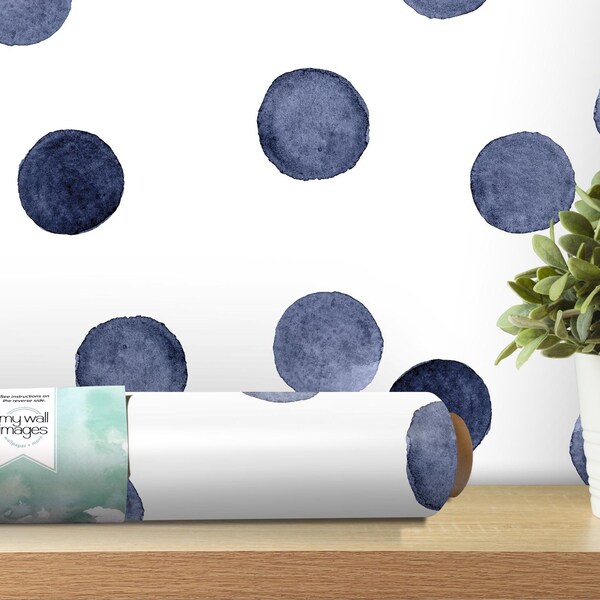 Blue Watercolor Polka Dots Peel and Stick Wallpaper | Circles Wall Mural (MW1594)