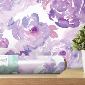Watercolor Purple Floral Removable Wallpaper, Wall Art, Peel and Stick Wallpaper, Girl Wallpaper, Nursery, Room Decor, Accent Wall, MW1006