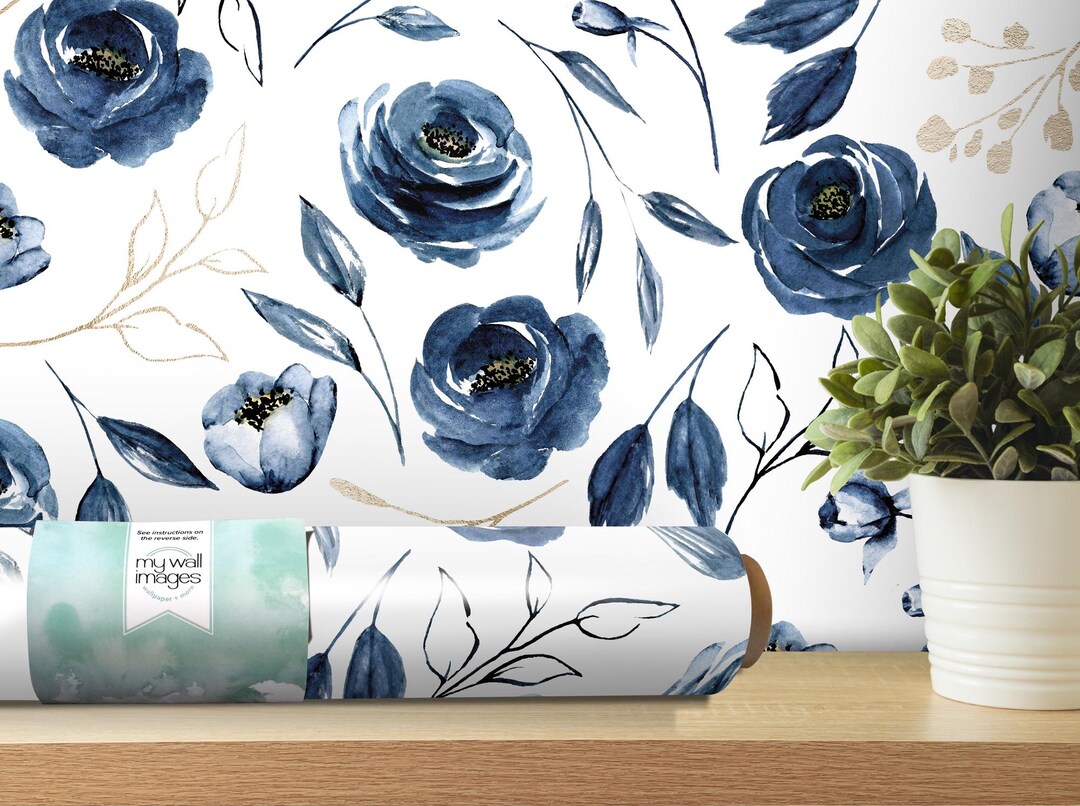 Blue Floral Navy Floral Wallpaper | Peel and Stick Mural | Modern Decor ...