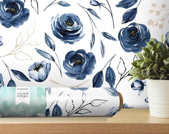 Blue Floral Navy Floral Wallpaper | Peel and Stick Mural | Modern Decor (MW1198med)