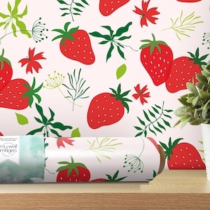 Sweet Red Strawberries Leaves, Peel and Stick Wallpaper, Removable Wallpaper, Traditional Wallpaper - Wall Art, Kitchen, Fruit Art - MW1423