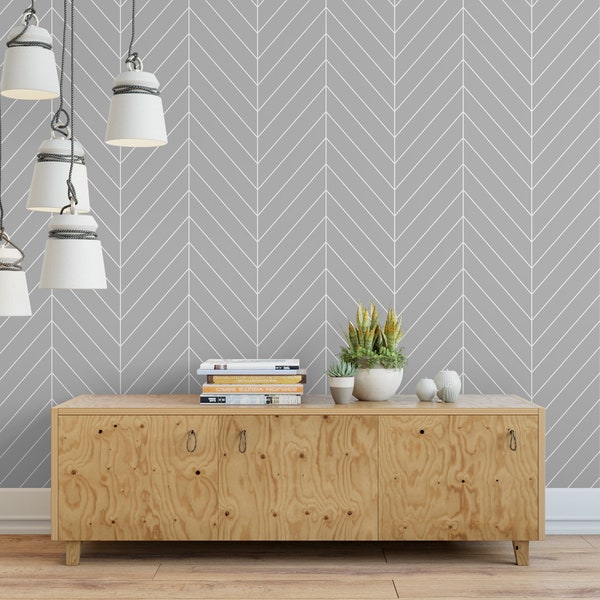 Gray and White Herringbone, Modern, Removable Wallpaper, Peel and Stick Wallpaper, Mural, Living Room, Bedroom, Decor, Accent Wall, MW1208