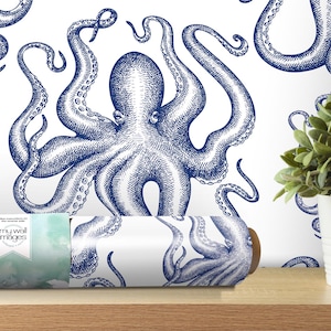 Blue Octopus Removable Wallpaper, Wall Art, Peel and Stick Wallpaper,  Mural, Bathroom, Room Decor, Accent Wall, MW1479