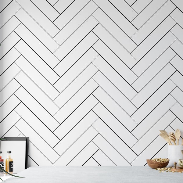 Black and White Herringbone Removable Wallpaper, Peel and Stick Wallpaper, Kitchen Wallpaper, Entryway Wallpaper, Decor, Accent Wall, MW1206