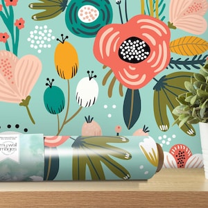 Peach Turquoise Floral Folk Wallpaper - Peel and Stick Wallpaper - Home Decor - Wall Mural - Wall Floral Art - Removable Wallpaper - MW1216