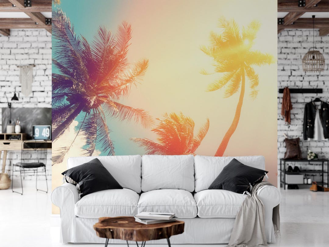 Peel and Stick Sunset Mural | Tropical Palm Trees Wallpaper | Rental ...