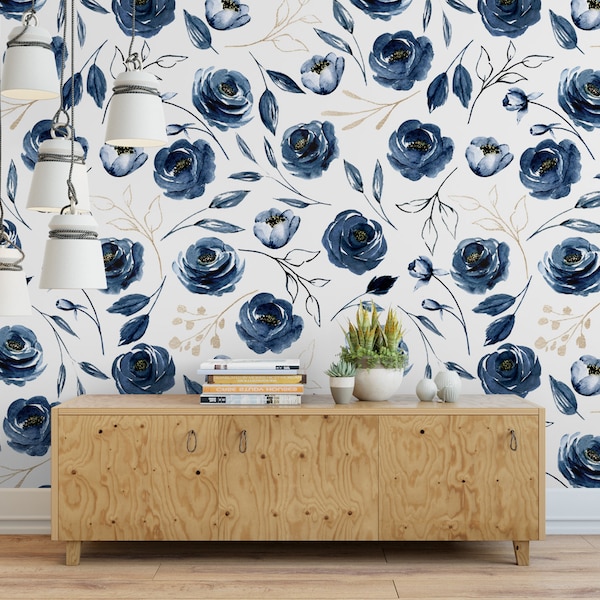 Blue Floral Navy Removable Wallpaper, Wall Art, Peel and Stick Wallpaper, Wall Decor, Wall Mural, Floral Wallpaper, Accent, MW1198med