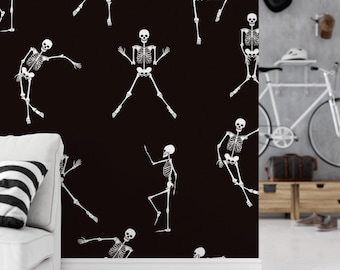 Fototapeta z motywem szkieletu i czarnego Halloween | Straszna, zdejmowana tapeta z motywem szkieletów (MW1917)