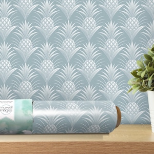 Blue Pineapples Wallpaper | Gray Blue Peel and Stick Mural | Pineapple Decor (MW2320)