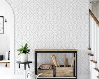 White & Gray Geometric  Removable Wallpaper, Wall Art, Peel and Stick Wallpaper,  Mural, Nursery, Room Decor, Accent, MW1235