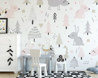 Cute Woodland Animal Removable Wallpaper, Wall Art, Peel and Stick Wallpaper, Woodland Mural, Nursery Wallpaper, Accent, MW1240