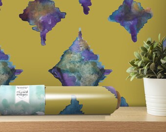 Removable Wallpaper Peel and Stick Wallpaper Wall Paper Wall Mural - Chartreuse Cool Watercolor Ikat, Original Handmade Design, MW2129