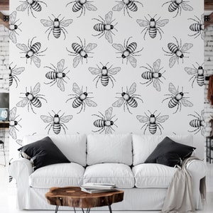 Bees Black and White Removable Wallpaper, Wall Art, Peel and Stick Wallpaper, Room Decor, Accent Wall, Bumble Bees, Modern Bees, MW1494 image 2