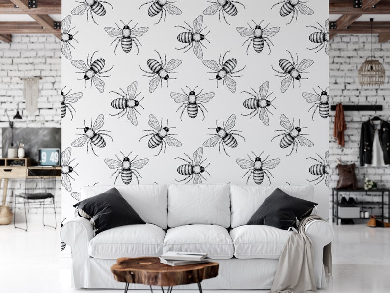 Bees Black and White Removable Wallpaper, Wall Art, Peel and Stick Wallpaper, Room Decor, Accent Wall, Bumble Bees, Modern Bees, MW1494 image 2