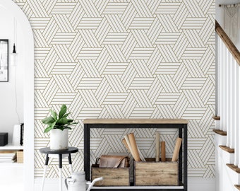 Delicate Gold Lines on White Removable Wallpaper, Wall Art, Peel and Stick Wallpaper, Room Decor, Accent Wall, MW1360