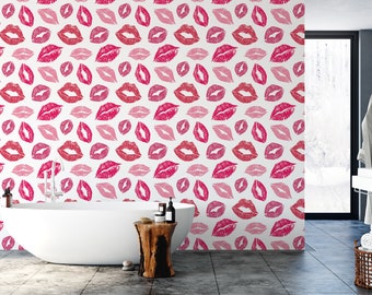 Pink and Red Kisses Lips Removable Wallpaper, Wall Art, Peel and Stick Wallpaper, Mural, Accent Wall, Salon, MW1258