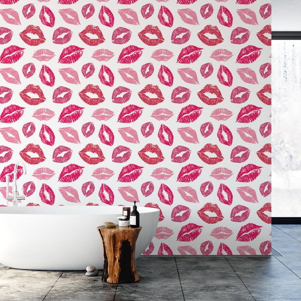 Pink and Red Kisses Lips Removable Wallpaper, Wall Art, Peel and Stick Wallpaper, Mural, Accent Wall, Salon, MW1258