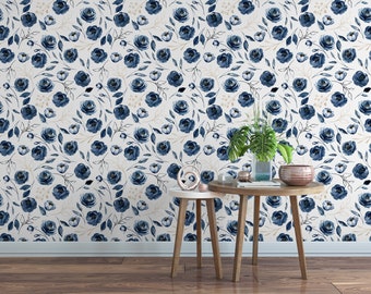 Small Navy Blue Roses Removable Wallpaper, Wall Art, Peel and Stick Wallpaper,  Reusable  Wall Mural, Nursery, Accent, MW1198SM