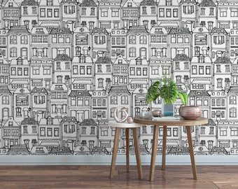 Modern Black and White House Sketches,  Removable Wallpaper, Wall Art, Peel and Stick Wallpaper,  Mural, Accent Wall, MW1472