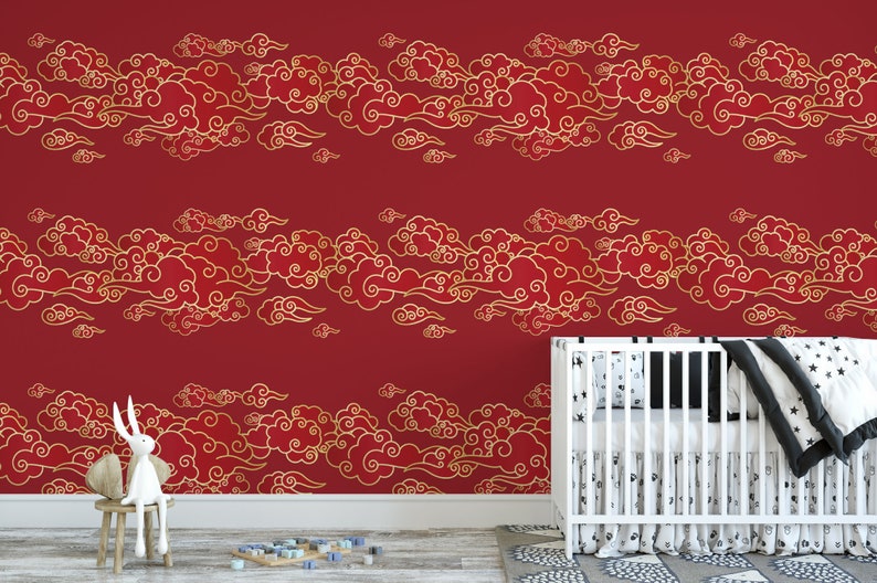Wallpaper Peel and Stick Wallpaper Golden Clouds on Red Etsy