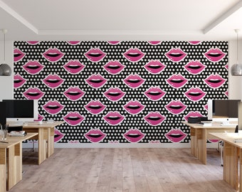 Pop Art Pink Lips Removable Wallpaper, Wall Art, Peel and Stick Wallpaper, Mural Room Decor, Salon Wallpaper, Accent Wall, MW1709