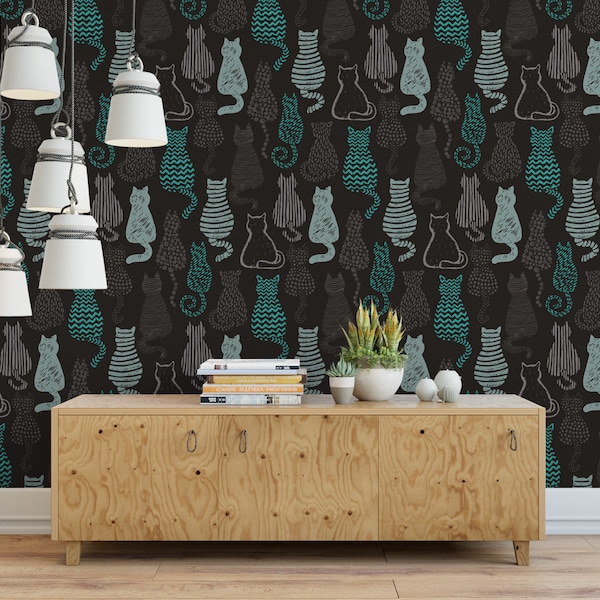 Textured Cats, Mod Kittens, Removable Wallpaper, Cat Mural, Cat Decor, Accent Wall, Black Turquoise, Accent Wall, Cat Lover Decor, MW1804