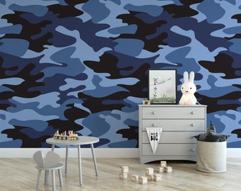 Blue Camouflage  Removable Wallpaper, Wall Art, Peel and Stick Wallpaper, Mural Room Decor, Accent Wall, Military, MW1899