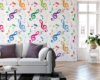 Colorful Music Notes  Removable Wallpaper, Wall Art, Peel and Stick Wallpaper, Mural Room Decor, Accent Wall, MW1323