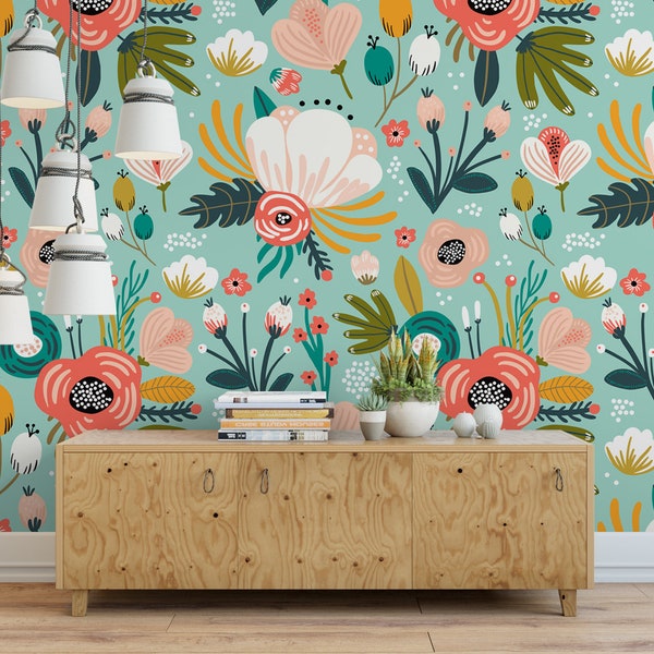 Large Peach and Teal Floral Removable Wallpaper, Wall Art, Peel and Stick Wallpaper, Wall Mural, Nursery, Room, Accent, MW1216