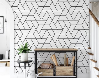 Simple Geometric Grid Style Black and White Minimalist Removable Wallpaper, Wall Art, Peel and Stick Wallpaper, Room Decor, Accent, MW1344BK