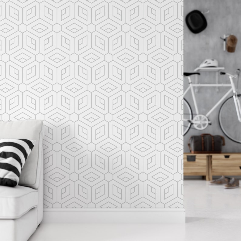 Wallpaper Peel and Stick Wallpaper White & Gray Geometric Etsy