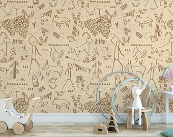 Cave Petroglyphs, Removable Wallpaper, Wall Art, Peel and Stick Wallpaper,  Mural, Accent Wall Nursery Wallpaper, MW1962