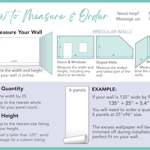 The image is a guide on how to measure and order irregular walls, including doors and windows, and panel height. It provides step-by-step instructions on measuring the width and height of a wall, determining the number of panels needed, and ordering the correct height for the panels.