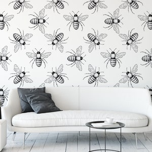 Bees Black and White Removable Wallpaper, Wall Art, Peel and Stick Wallpaper, Room Decor, Accent Wall, Bumble Bees, Modern Bees, MW1494 image 1