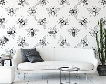 Bees Black and White Removable Wallpaper, Wall Art, Peel and Stick Wallpaper, Room Decor, Accent Wall, Bumble Bees, Modern Bees, MW1494