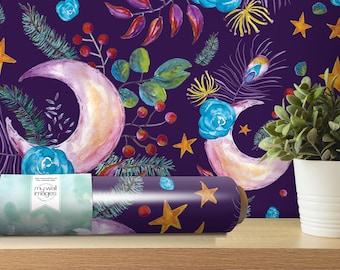 Boho Floral Moon Wallpaper | Watercolor Purple Pink Blue Peel and Stick Mural | Girls Room (MW1998)